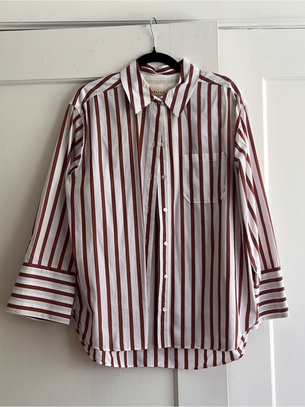 Sezane Bilma Striped Button-Down Shirt in Camel Stripes - Like New - SZ 6 - Picture 3 of 4